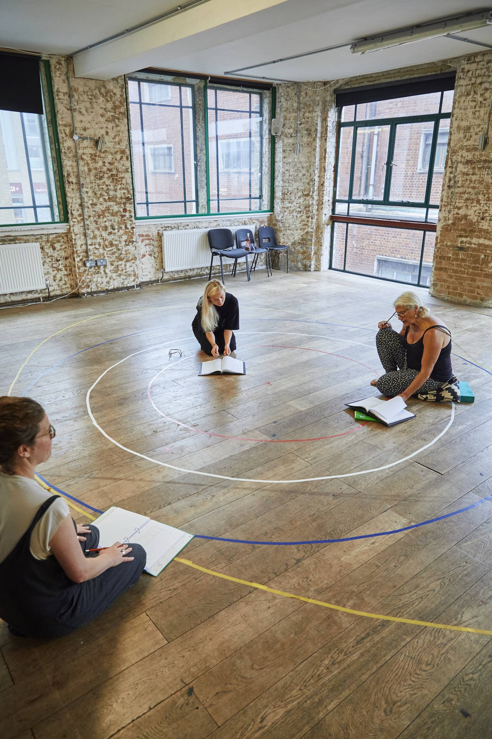 Director Abigail Graham, Sophie Melville (Nina) and Denise Black (Pearl) in rehearsal for Mum.  Photo Credit: The Other Richard