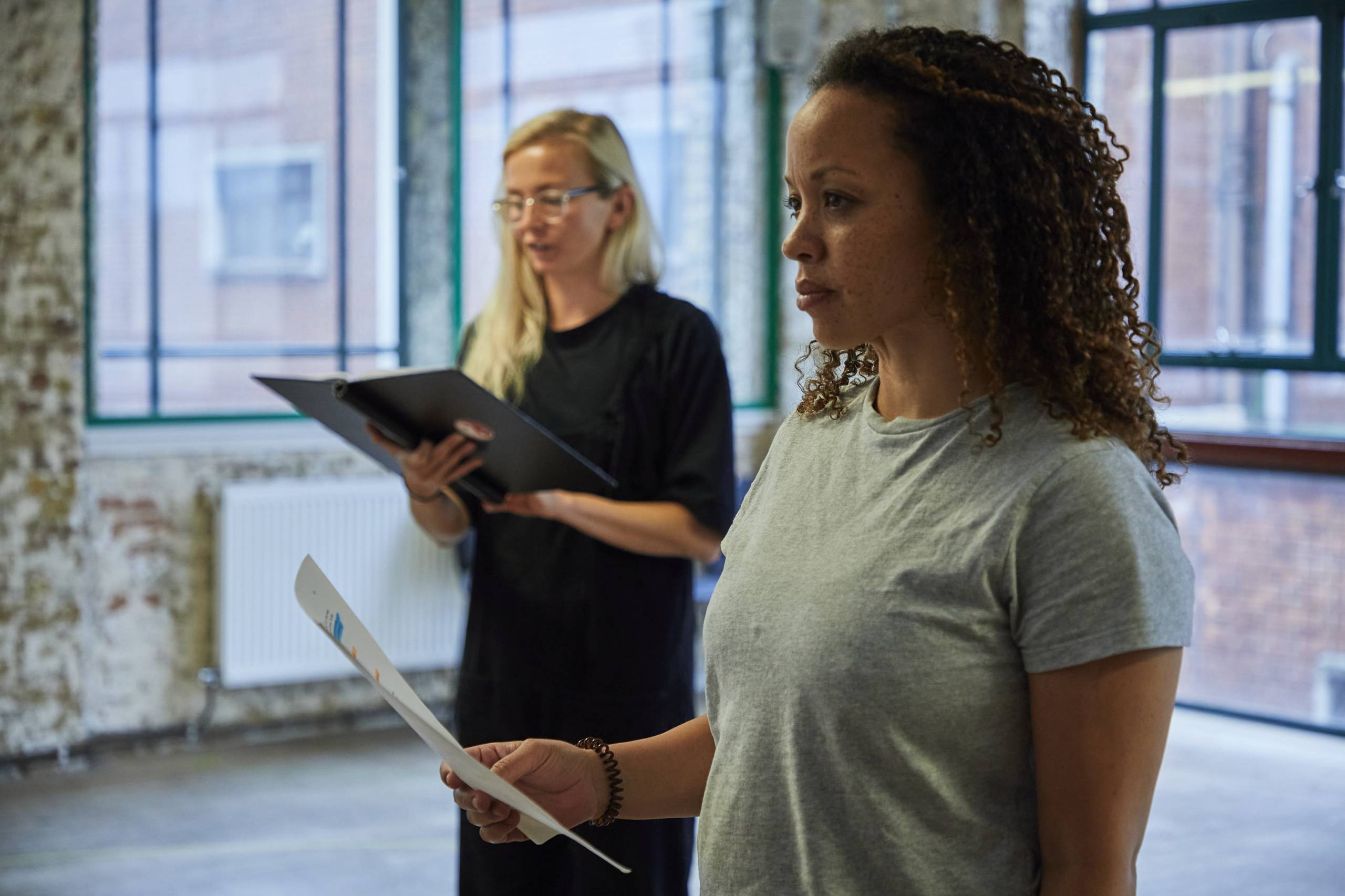 Sophie Melville (Nina) and Cat Simmons (Jackie) in rehearsal for Mum.  Photo Credit: The Other Richard