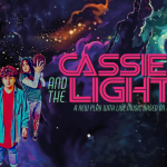 Cassie and the Lights in neon pink. 3 Children stand at the side in graphic style.